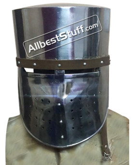 Medieval Crusader Pot Helm with Leather Piping 14 Gauge Steel