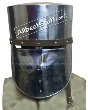 Medieval Crusader Pot Helm with Leather Piping 14 Gauge Steel