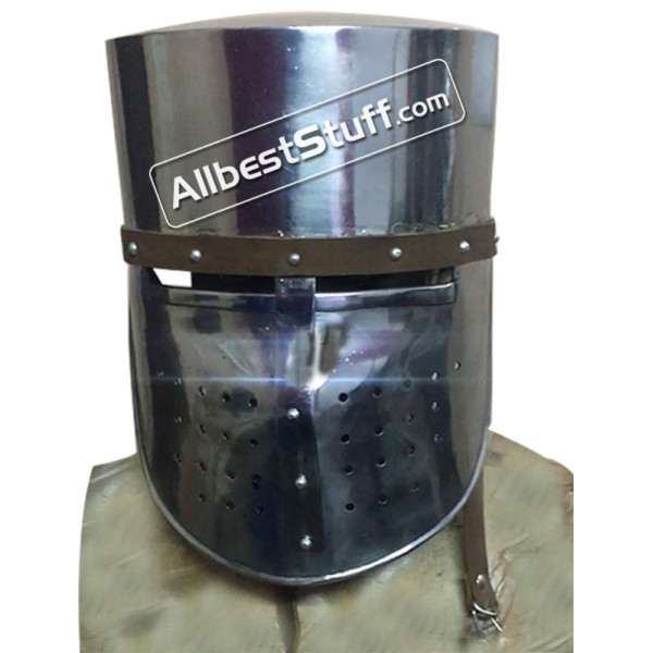 Set of 5 Helmet 14 Gauge Crusader Pot Helm with Leather Piping