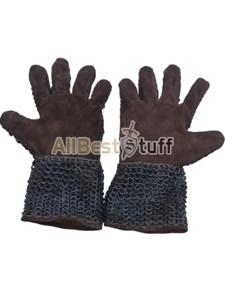 Flat Riveted Solid Ring Leather Chain Mail Gloves