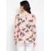 Peach Floral Cold Shoulder Top With Tie-up At Sleeves